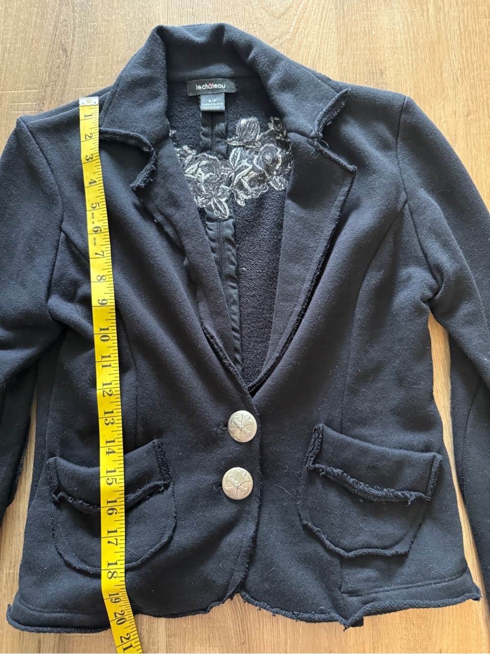 Y2K Le Chateau Black French Terry Blazer Jacket Embroidered Whimsigoth Cotton S - Picture 7 of 9